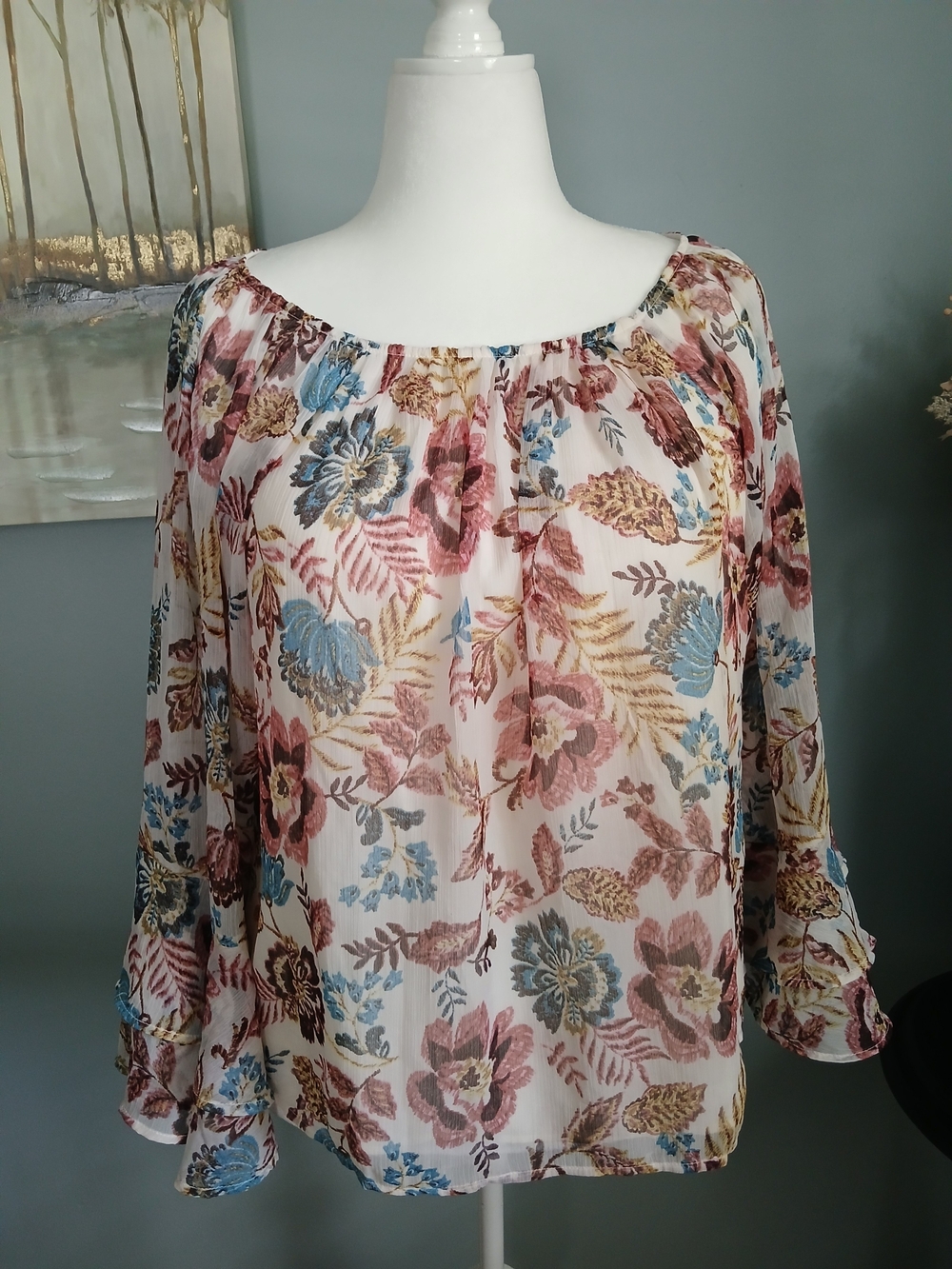 LOFT Cream Floral Peasant Blouse with Blue & Pink Flowers